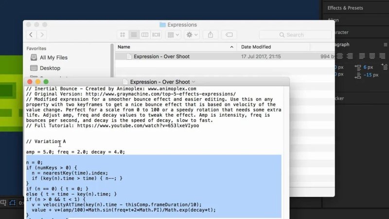 A TextEdit window open over After Effects showing JavaScript expression code for an inertial bounce effect, defining variables for amplitude, frequency, and decay.