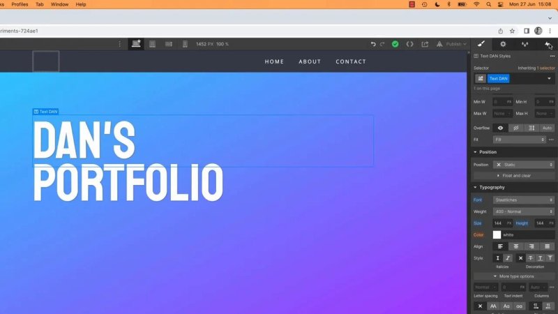 Webflow Designer interface showing a webpage hero section with a blue-to-purple gradient background, navigation links, and bold white typography