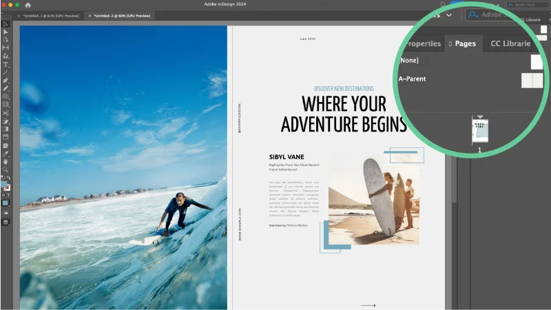 Screenshot of a magazine spread in InDesign with the Pages Panel highlighted.