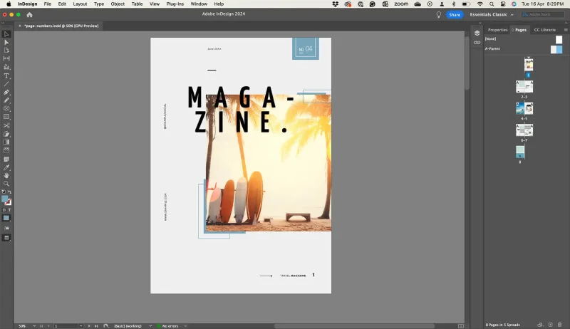 Screenshot of the magazine cover in InDesign.