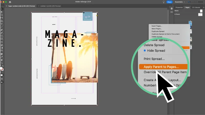 Screenshot of apply parent to pages menu option in InDesign.