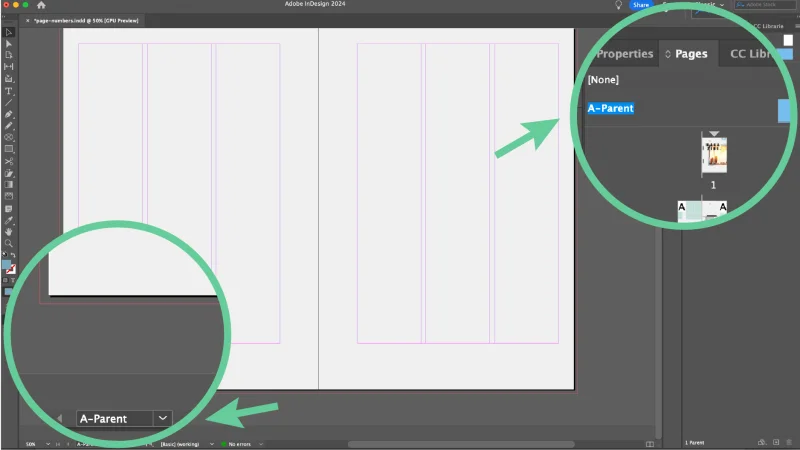 Screenshot of InDesign showing where to check the A-Parent page.