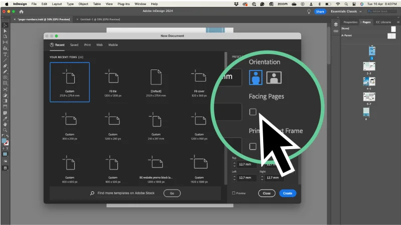 Screenshot of the new document window in InDesign highlighting where to click Facing Pages.