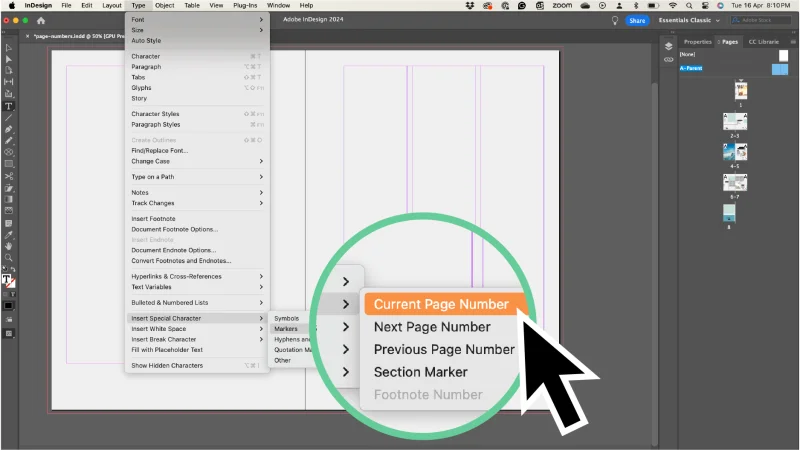 Screenshot of where to find the page number marker in InDesign.