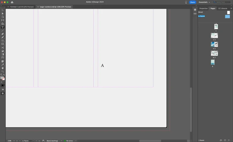 Screenshot of the page number marker in InDesign appearing as an A (above) and as a number (below).