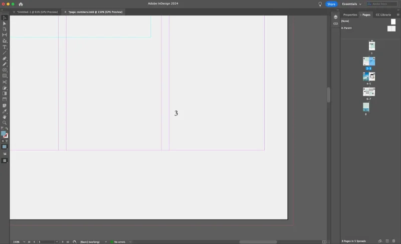screenshot of indesign showing page number 3 and pages structure in the pages panel