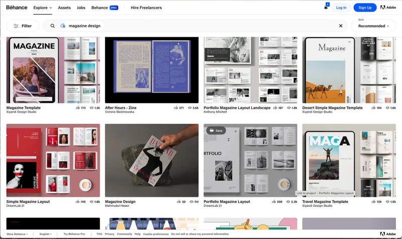 Screenshot of the Behance website showcasing magazine layouts