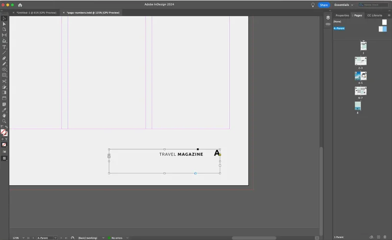 Screenshot of the page number marker and text in InDesign