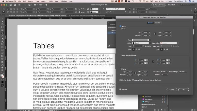 Adobe InDesign Paragraph Borders and Shading dialog box set to Border tab with a 1pt stroke applied around a body paragraph.