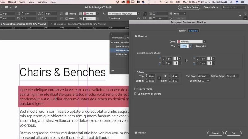 Adobe InDesign Paragraph Borders and Shading dialog box set to Shading tab, applying a pink background fill with 8px offsets to an intro paragraph.