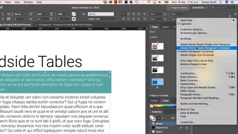 InDesign document with the Control panel menu open, selecting composer options including the 