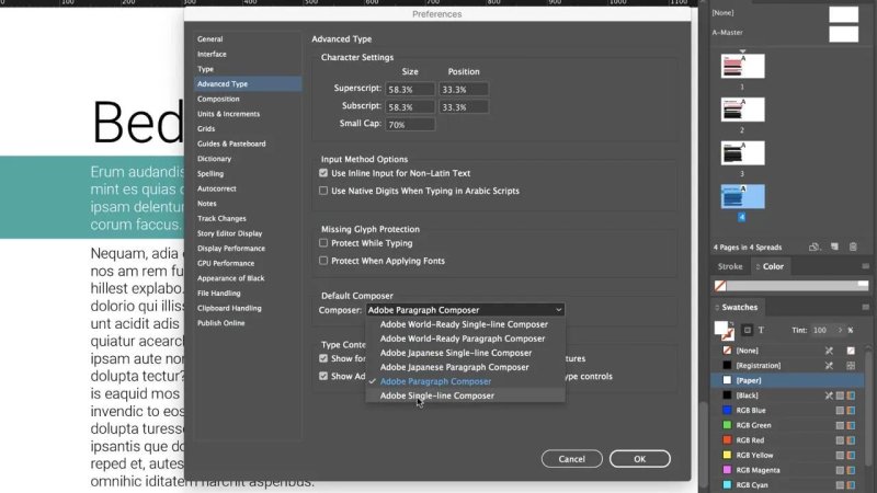 nDesign Preferences dialog open to the Advanced Type category, showing the expanded 