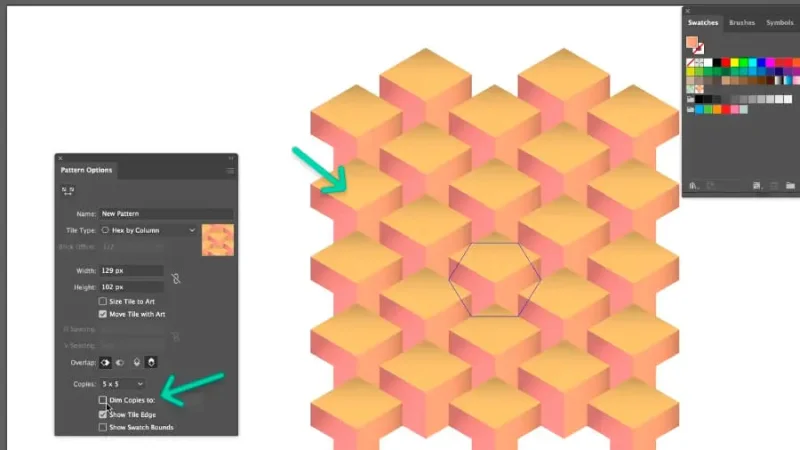 highlighted dim copies setting inside pattern options dialog box and marquetry pattern preview in adobe illustrator