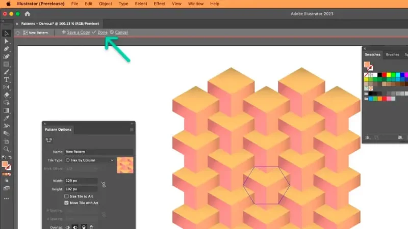 highlighted new pattern in isolation mode options and marquetry pattern preview in adobe illustrator