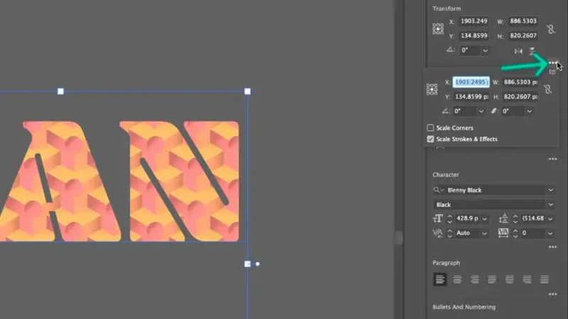 highlighted more options icon in the transform panel with type object settings in adobe illustrator