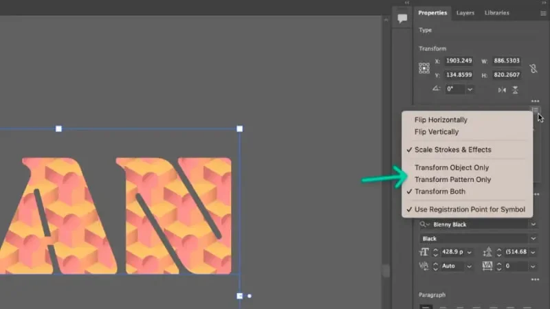 highlighted second level of transform options for type in adobe illustrator
