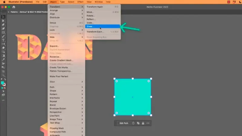 highlighted shear feature inside the Object and Transform menus in adobe illustrator.