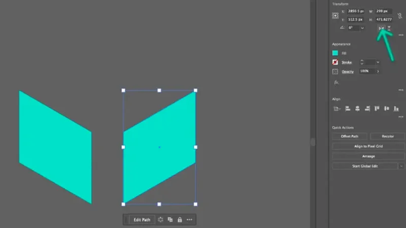 highlighted horizontal flip command applied to selected geometric shape in adobe illustrator