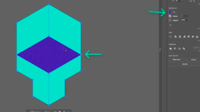 highlighted fill color applied with shape builder to gap between selected geometric shapes in adobe illustrator