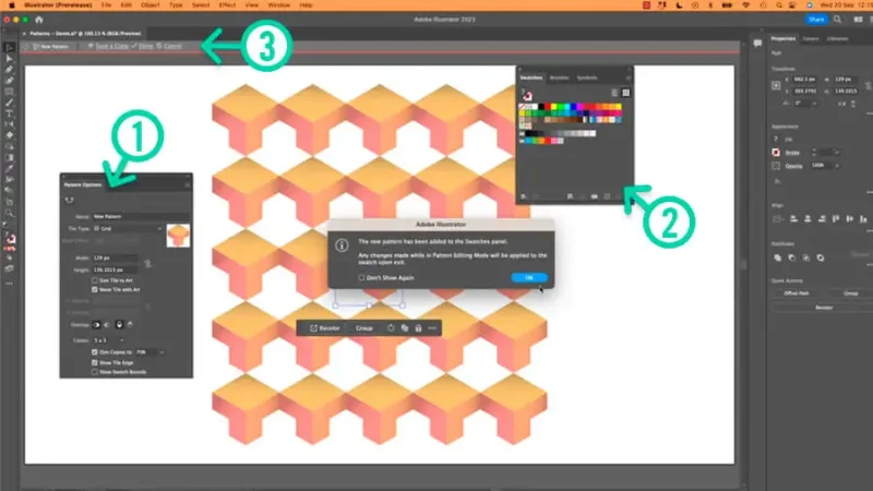 Pattern options and swatches panels inside isolation mode in adobe illustrator