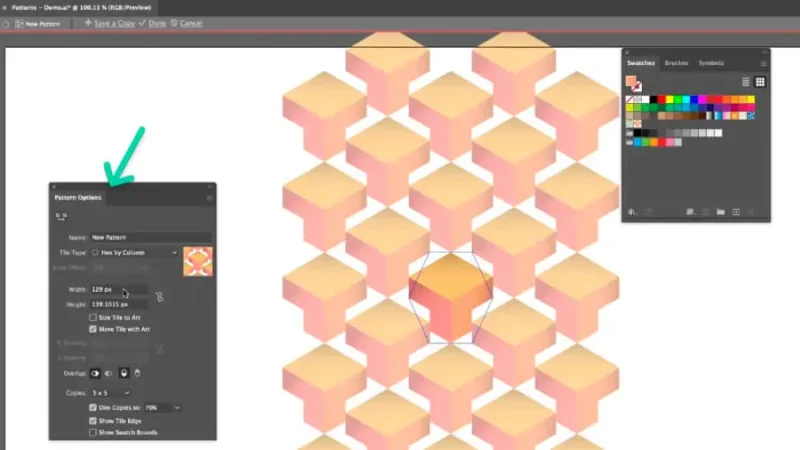 pattern options dialog box and marquetry pattern preview in adobe illustrator
