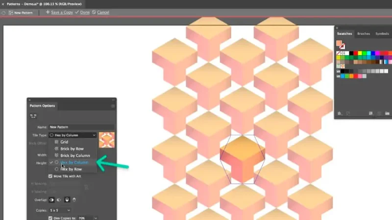 highlighted tile type inside pattern options dialog box and marquetry pattern preview in adobe illustrator.