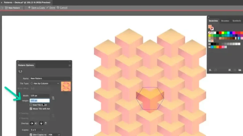 highlighted tile height setting inside pattern options dialog box and marquetry pattern preview in adobe illustrator