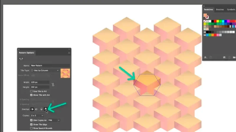 highlighted overlap setting inside pattern options dialog box and marquetry pattern preview in adobe illustrator