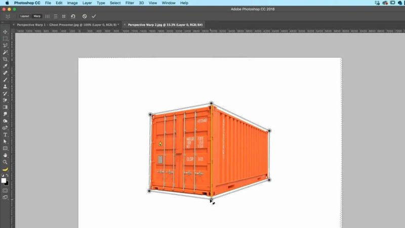 Photoshop workspace displaying an isolated orange cargo shipping container on a white canvas, enclosed by a two-sided yellow Perspective Warp grid mesh joined along the front corner.