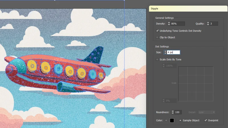 applying a stipple effect to a vector airplane with stipplism plugin in illustrator