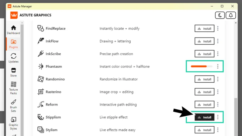 plugins page on astute graphics manager app