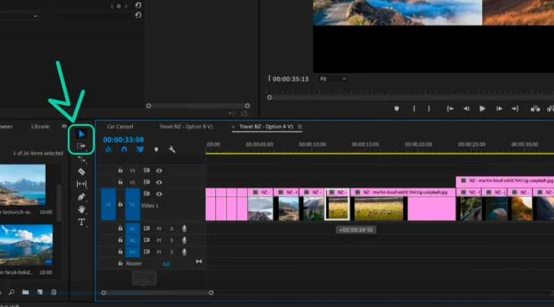 selection tools highlighted in the timeline panel in premiere pro