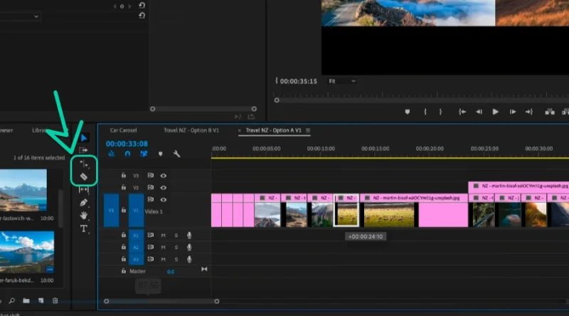 highlighted cutting tools in the timeline panel in premiere pro