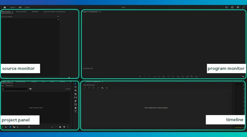 main editing and previewing windows highlighted in Premiere Pro