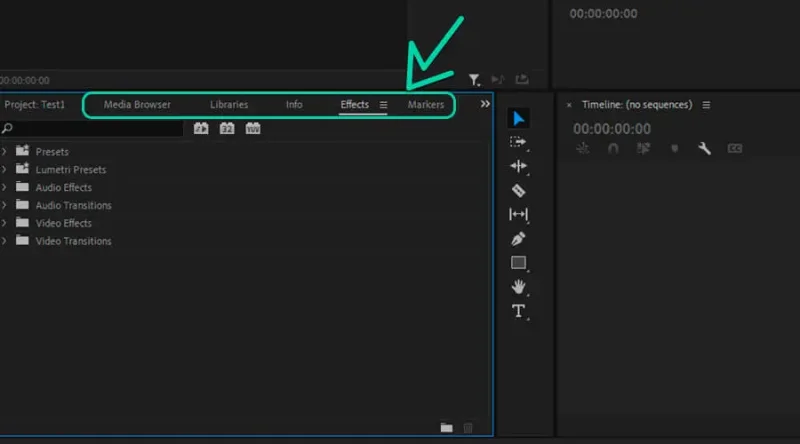 tool panels inside the project panel in Premiere Pro