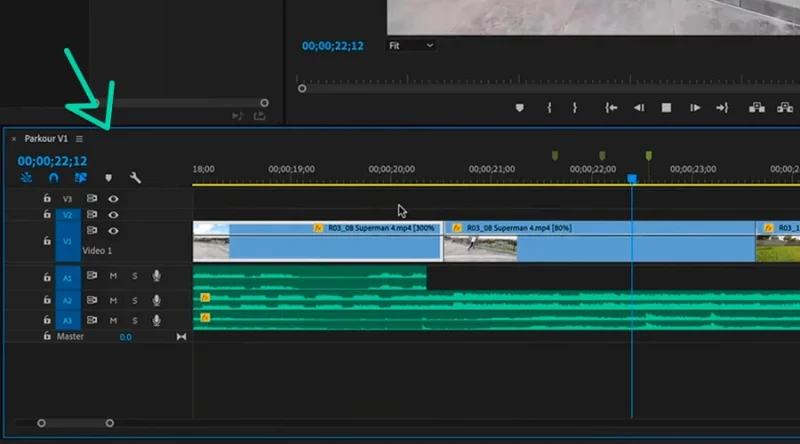 timeline panel highlighted in Premiere Pro