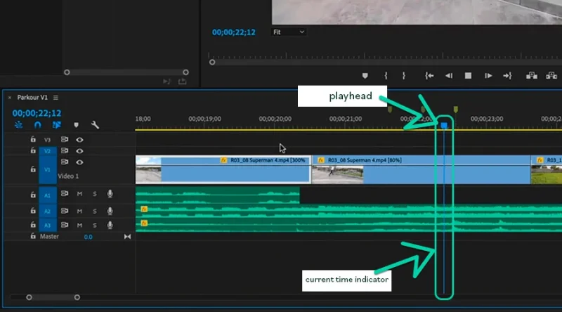 current time indicator and playhead highlighted in Premiere Pro