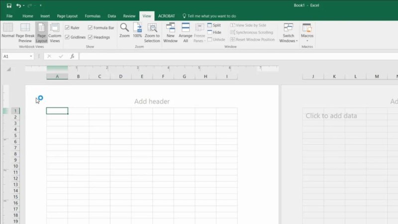 Microsoft Excel spreadsheet window with the Page Layout workbook view enabled under the View tab, showing page rulers, column headers, and an Add header prompt above blank grid cells