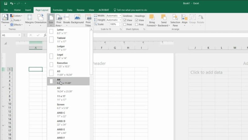 Microsoft Excel interface showing the Page Layout tab with the Size menu expanded, highlighting options such as Letter, Legal, and A4.
