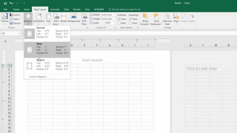 Microsoft Excel spreadsheet displaying the Page Layout tab with the Margins dropdown open, showing measurement presets for Normal, Wide, Narrow, and Custom Margins.