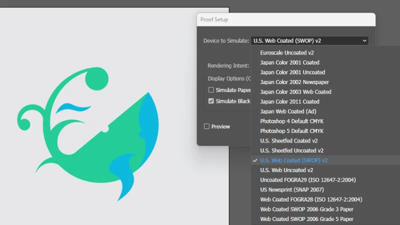device to simulate options displayed inside the proof setup panel in illustrator