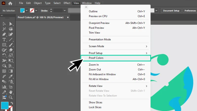 proof colors option highlighted inside the view menu in illustrator