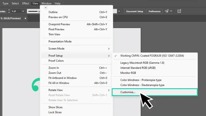 customize proof color setup command highlighted in illustrator