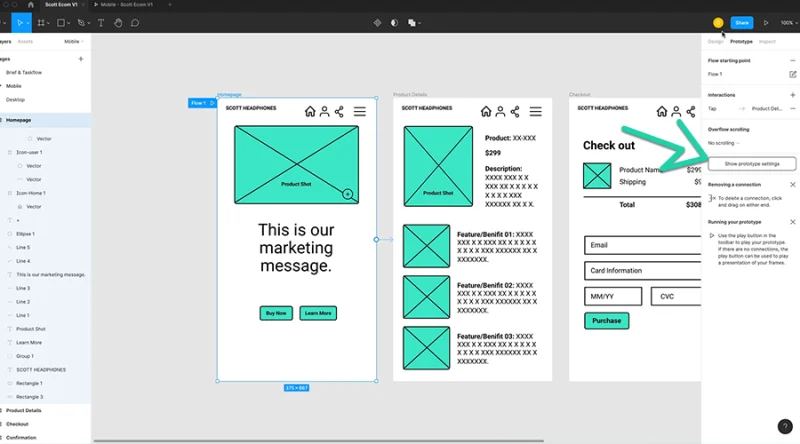 show prototype settings button highlighted in figma