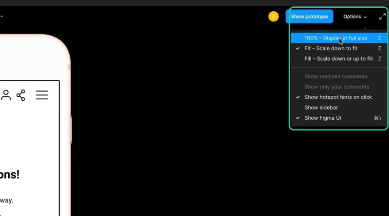 highlighted options panel on presentation screen in figma