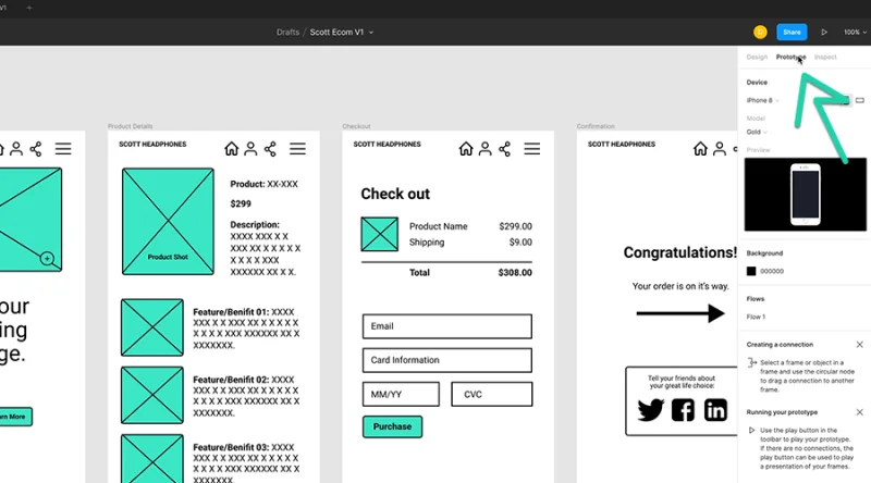 highlighted prototype mode tab in figma