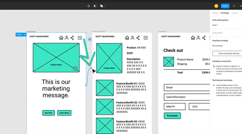 connection noodle dragged to link a new frame in figma