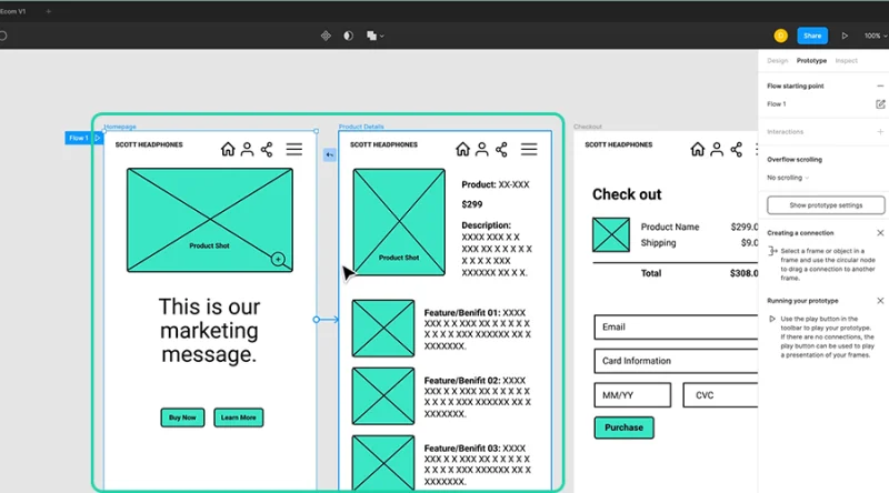 homepage and product details page connected by an interaction in figma