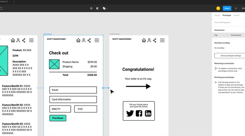 three linked frames set for interaction in figma