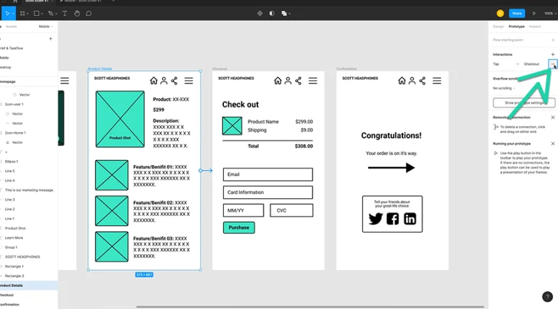 highlighted remove interaction button in figma